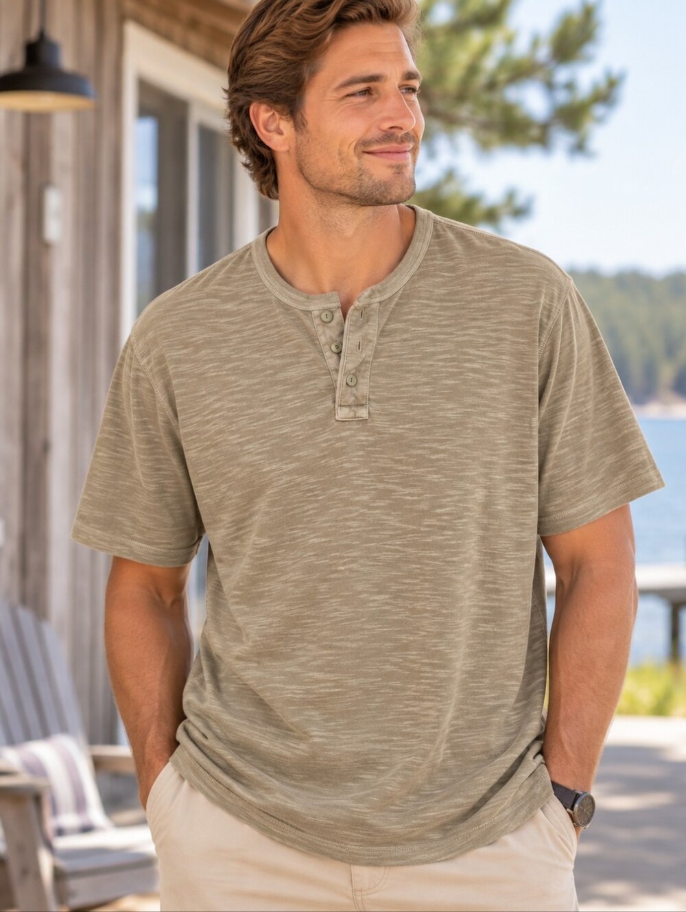Old Navy Men's Taupe-Look Short Sleeve Henley Shirt